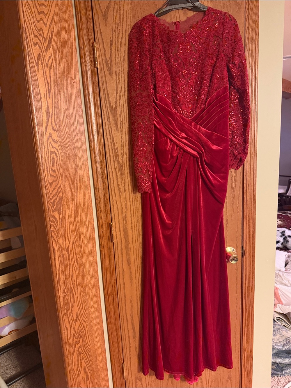 Tadashi Shoji Ruby Red Long Sleeve Beaded Evening Gown